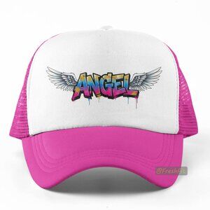 🆕Angel Graffiti Foam Trucker Hat Mesh Snapback Cap Hot Pink/White